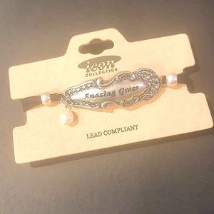 “AMAZING GRACE” Worn Silvertone Spoon Black Cord Bracelet